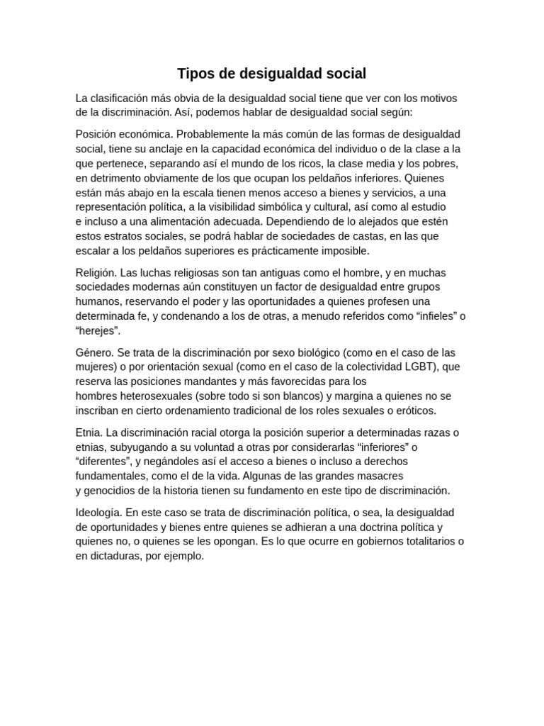 Tipos de Desigualdad Social | PDF | Desigualdad social | Discriminación ...