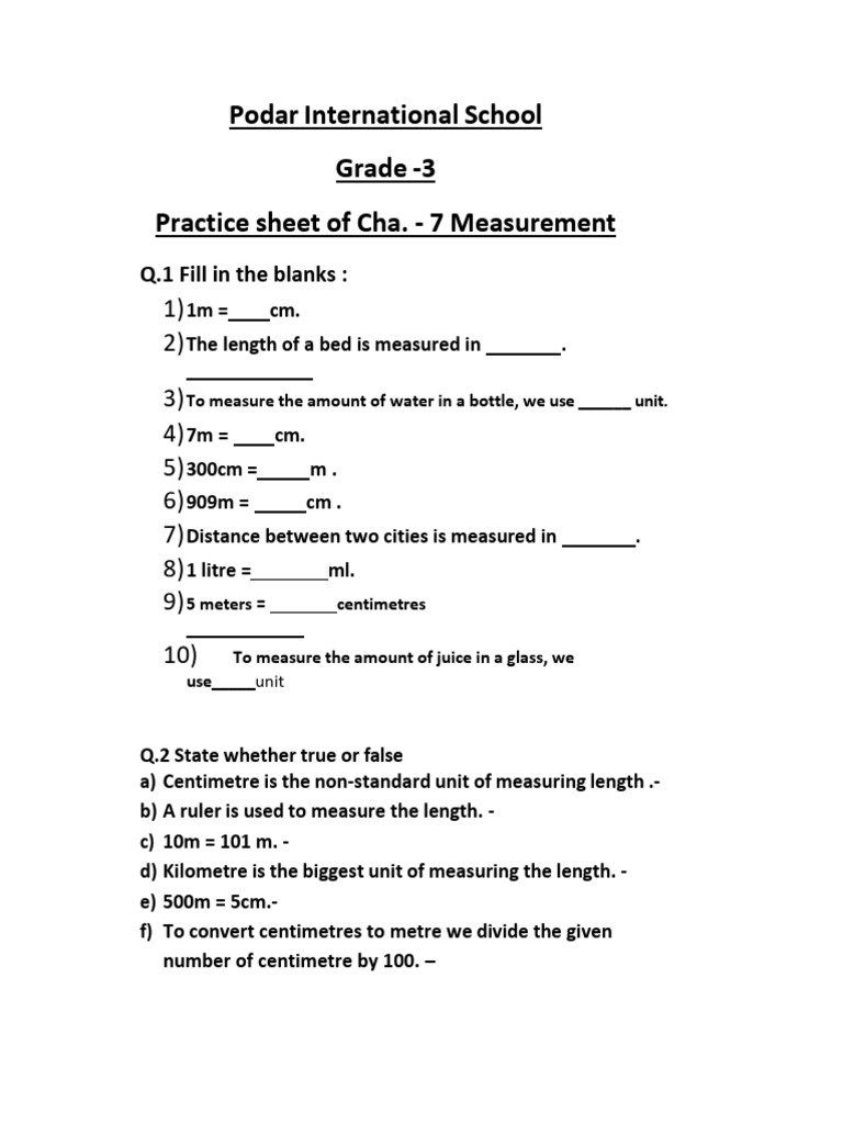 Practice Sheet of Measurement | PDF