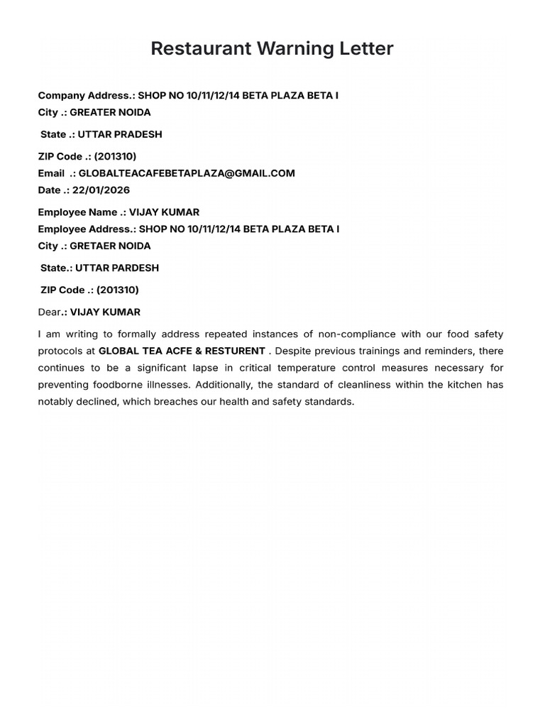 Restaurant Warning Letter Template | PDF