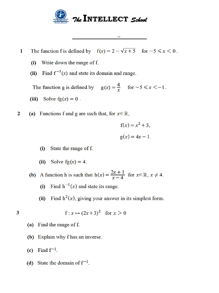 Revision Worksheet Ch-1 Functions | PDF
