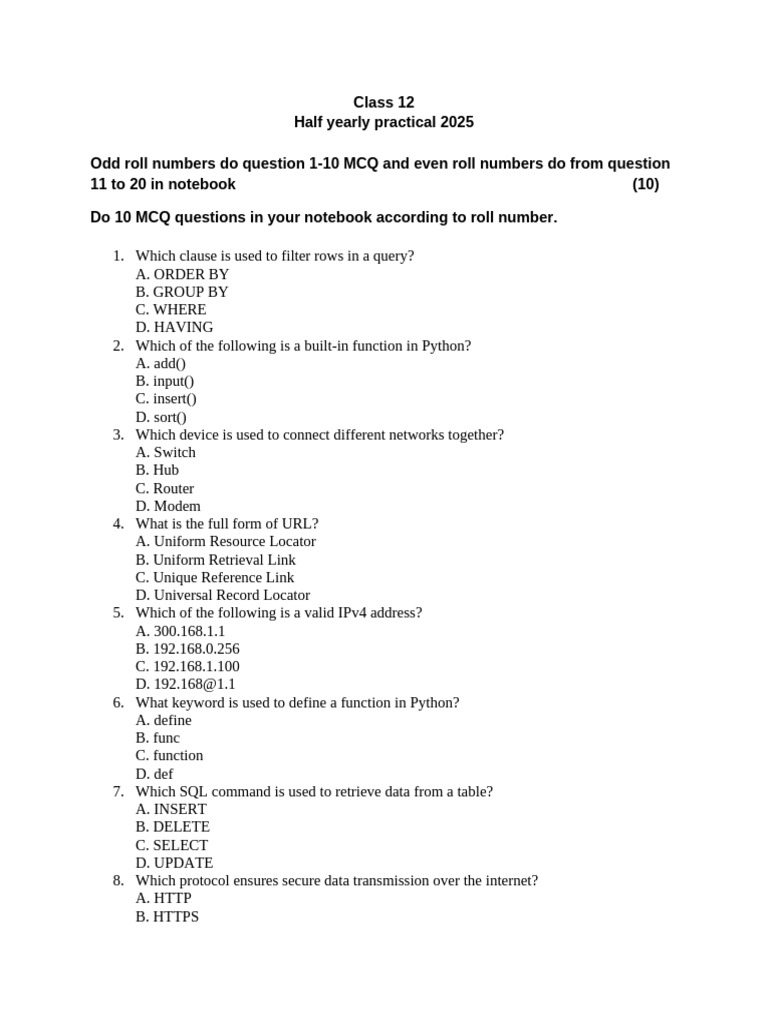 Class 12 Half Yearly Practical Question Paper | PDF | Sql | File ...