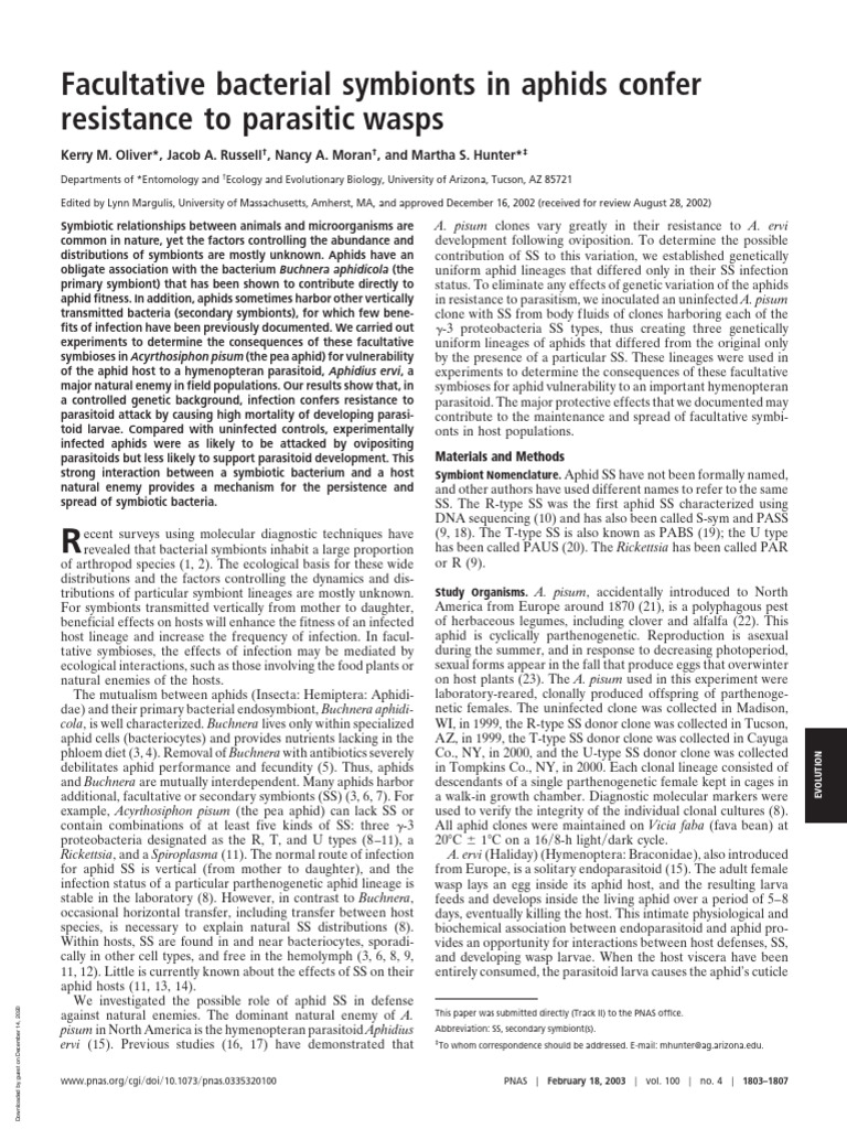 Facultative Bacterial Symbionts in Aphids Confer Resistance to ...