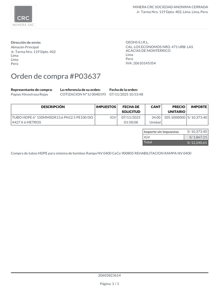 Orden de Compra - P03637 | PDF
