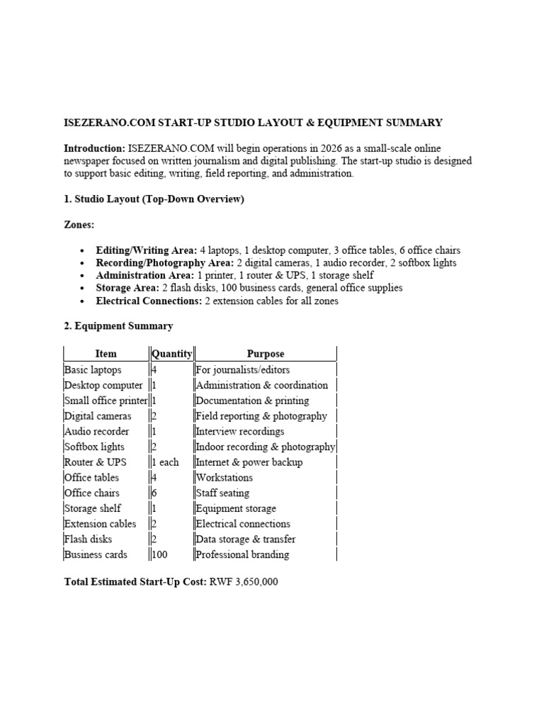 Studio Layout and Its Proposed Equipment | PDF