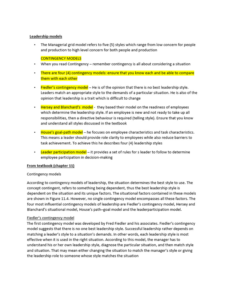 Leadership Models Snip and Textbook | PDF | Leadership | Industrial ...
