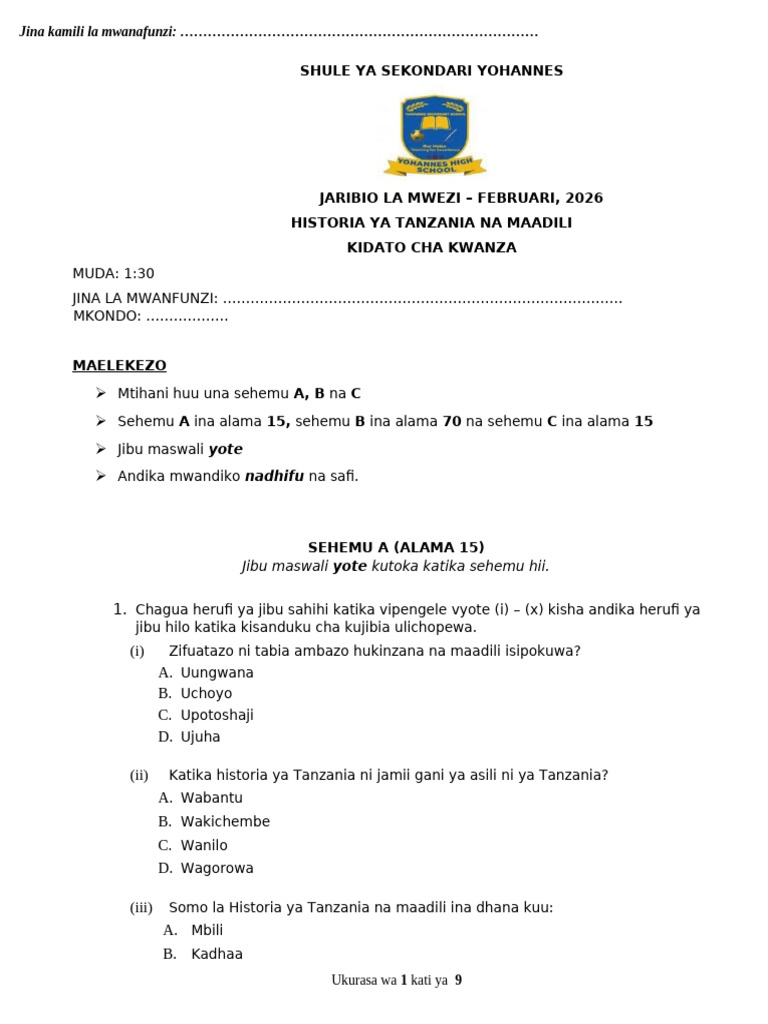 Mtihani Wa Historia Ya Tanzania Na Maadili Form Two 2025 | PDF