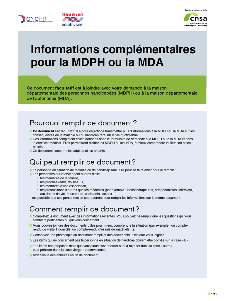 CNSA Formulaire Information Complémentaires Pour La MDPH Ou La MDA | PDF