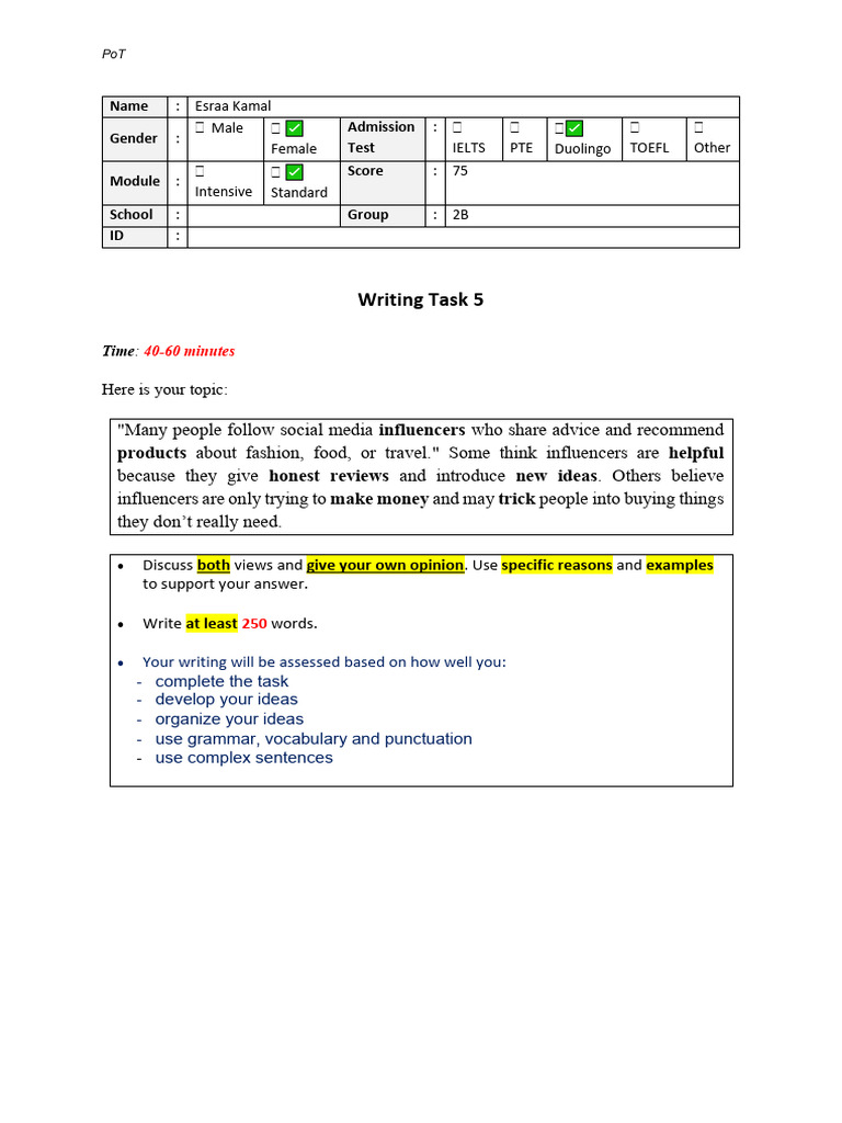 Task5 PoT Writing Task 5 | PDF