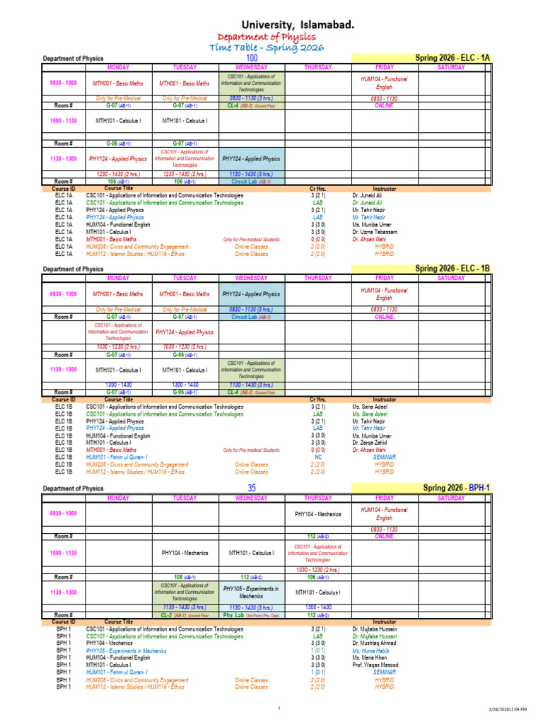Physics (ELC) 1st Semester Time Table - Spring 2026 | PDF