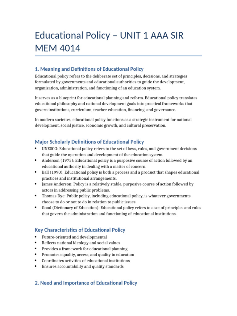 Advanced MEd Educational Policy Notes | PDF | Education Policy | Policy