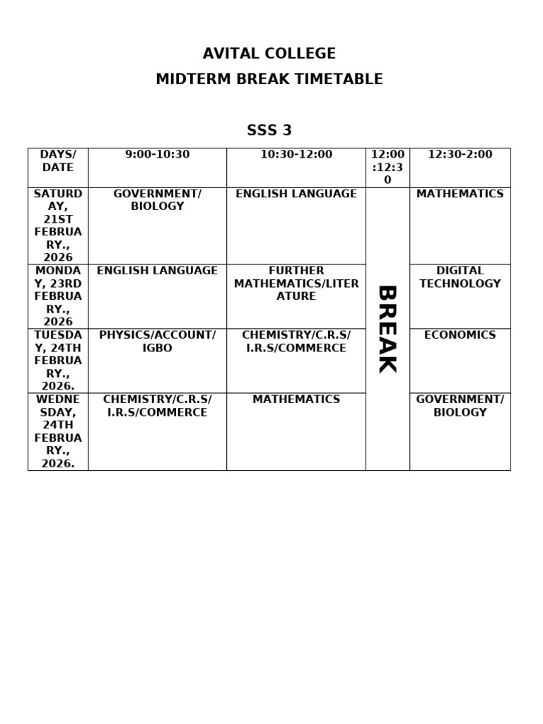 Midterm Break Timetable | PDF
