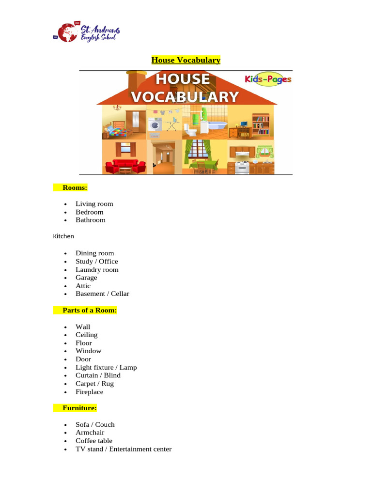 House Vocabulary BASICS | PDF | Room | Bathroom