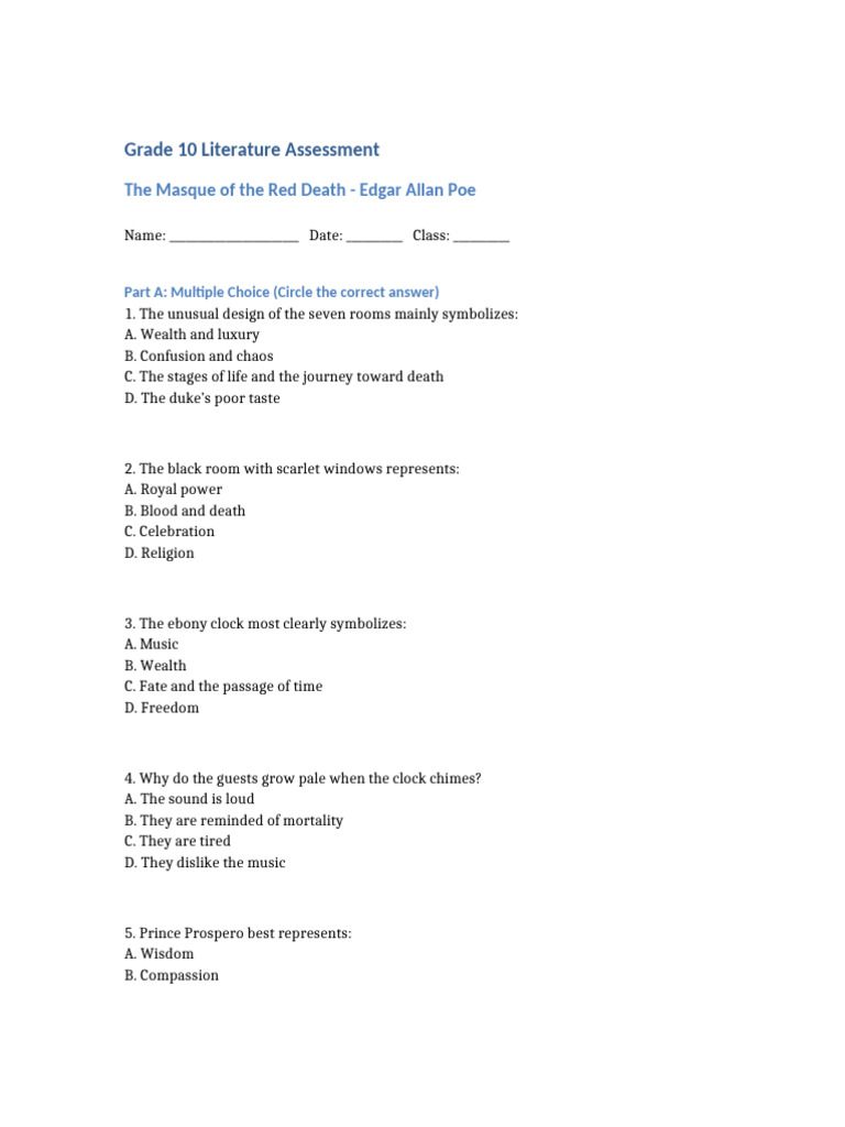 Grade 10 Masque of The Red Death Assessment Version | PDF
