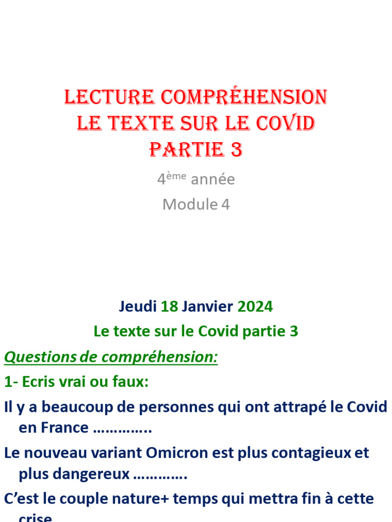 Lecture Compréhension Le Texte Sur Le Covid Partie 3 | PDF ...