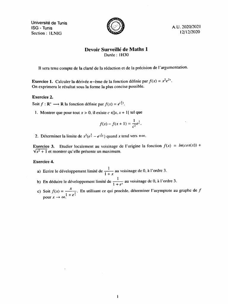 Corrigé DS Maths 1 - 12122020 | PDF