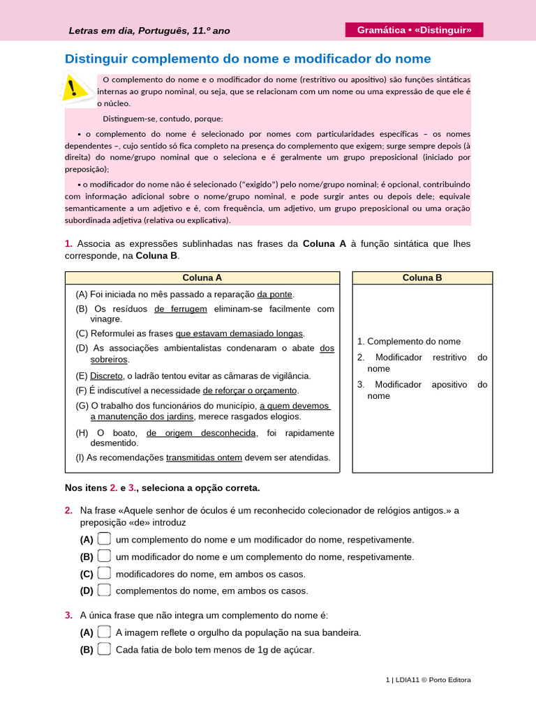 Ldia11 Gramatica Distinguir Complemento Modificador Nome | PDF ...