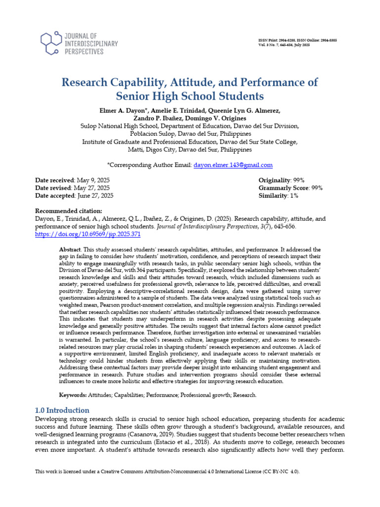 Research Capability, Attitude, and Performance of Senior High School ...