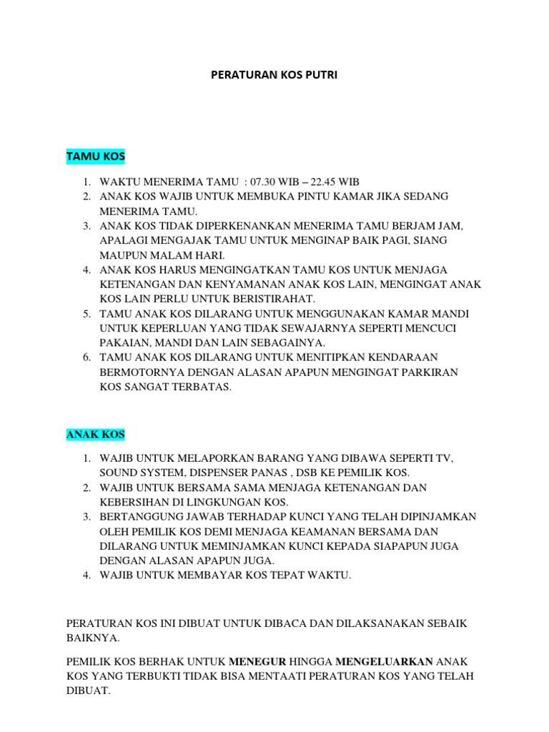 Peraturan Kos Putridocx