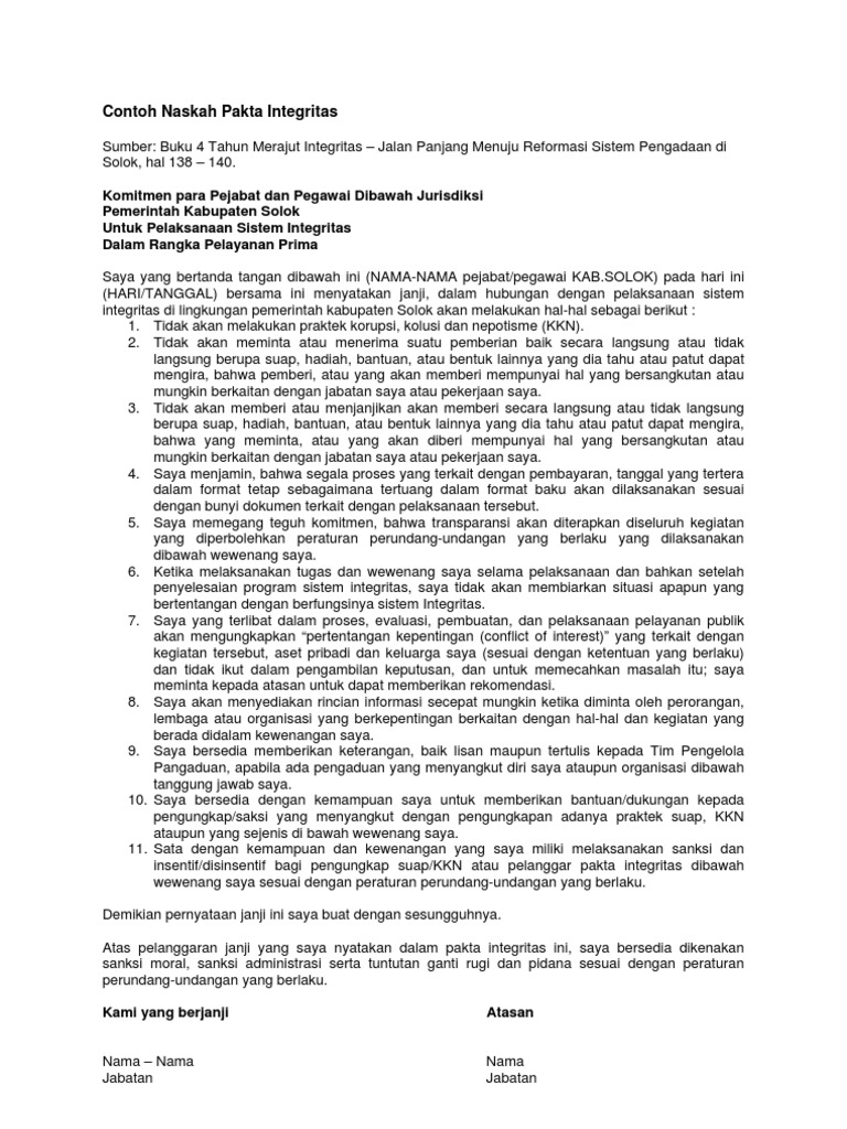 Contoh Naskah Pakta Integritas