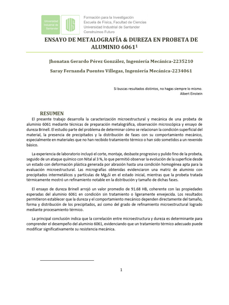 Ensayo de Metalografia & Dureza - Probeta de Aluminio 6061 | PDF ...