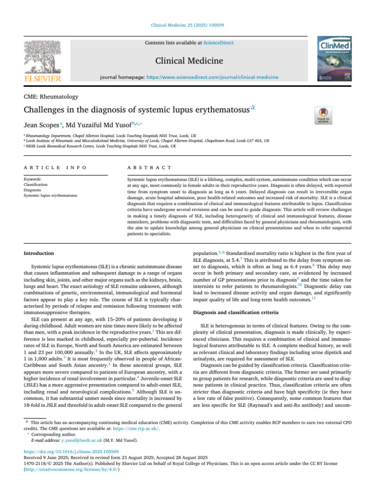 2025 Challenges in The Diagnosis of Systemic Lupus Erythematosus | PDF ...