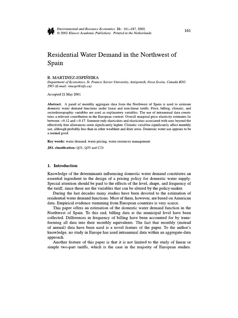 Residential Water Demand in Northwest of Spain | PDF