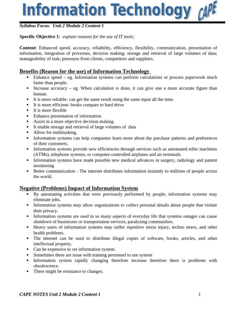 Cape Notes Unit 2 Module 2 Content 1 | PDF | Information | Automation