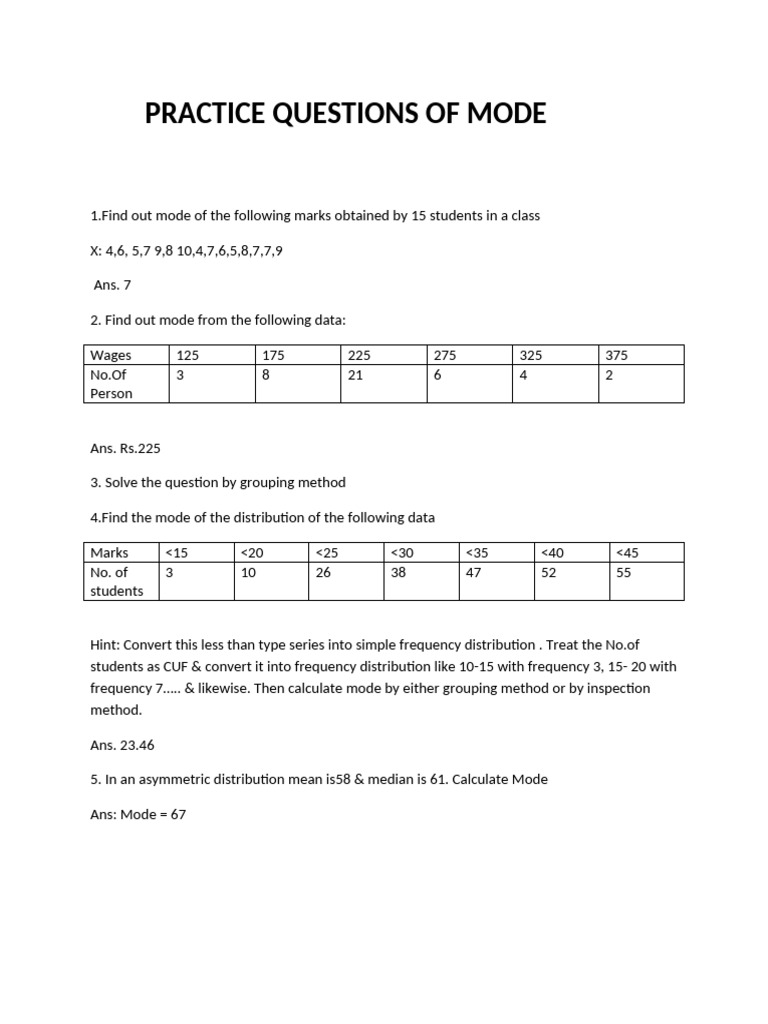 Practice Questions of Mode | PDF