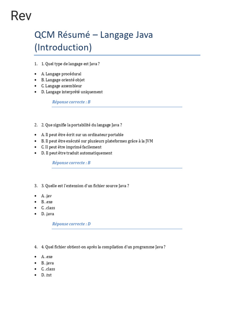QCM - Langage Java - Resume Avec Vous - 250515 - 122053 | PDF
