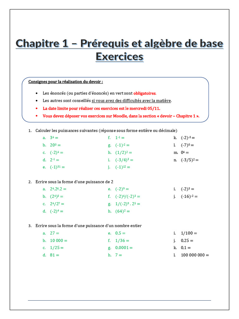 Exercices - Chapitre 1 - Pré-Requis - Algèbre de Base | PDF ...