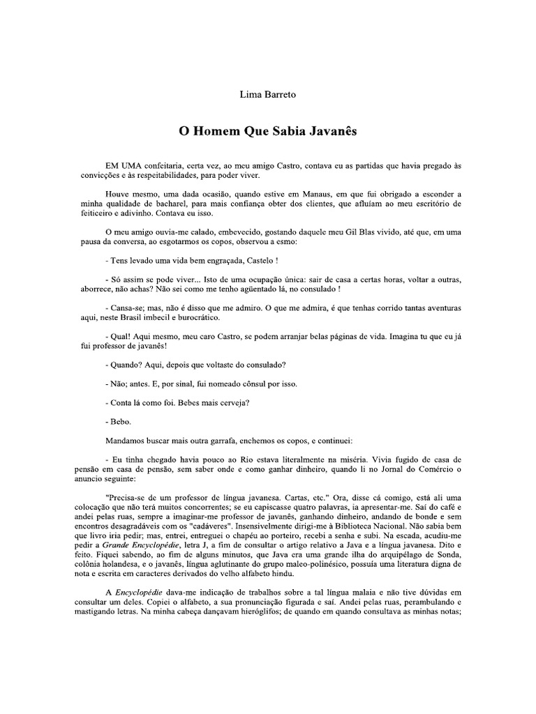 O Homem Que Sabia Javanês - Lima Barreto | PDF