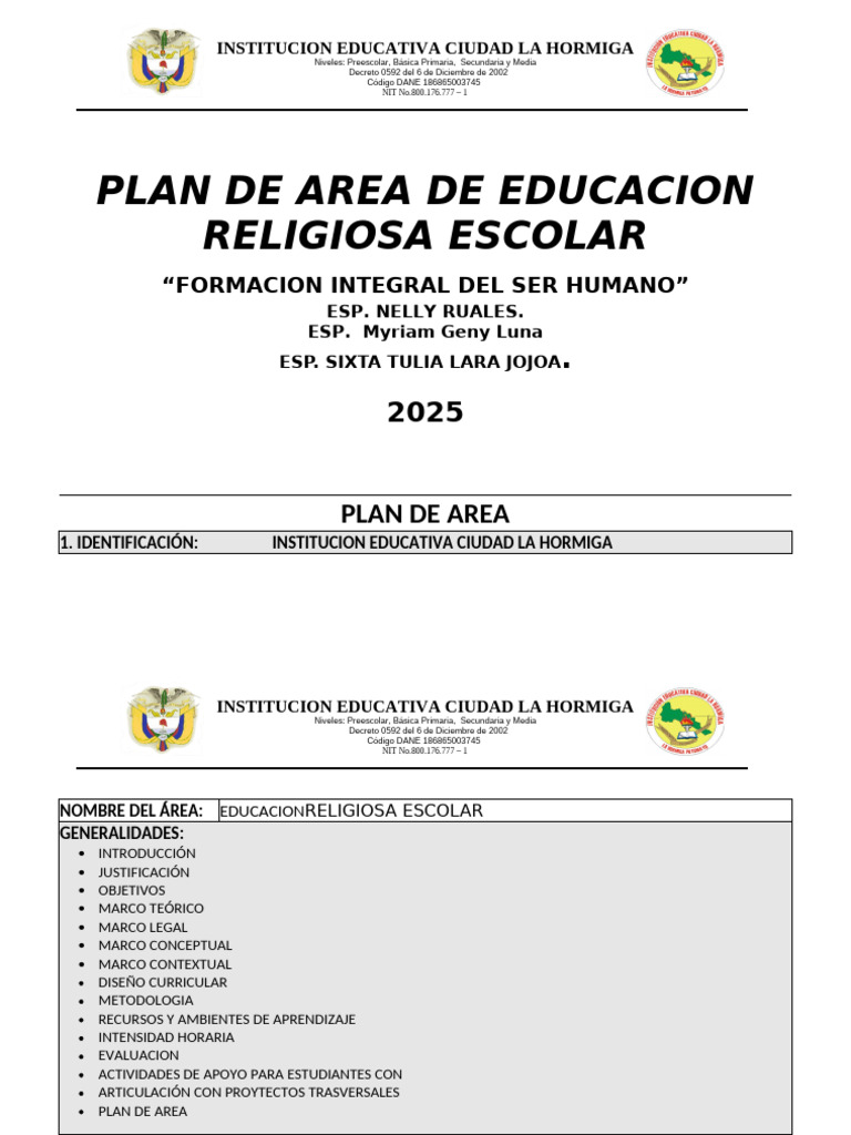 Plan de Estudios de Ed Reli Escol 2025 | PDF | Educación de la primera ...