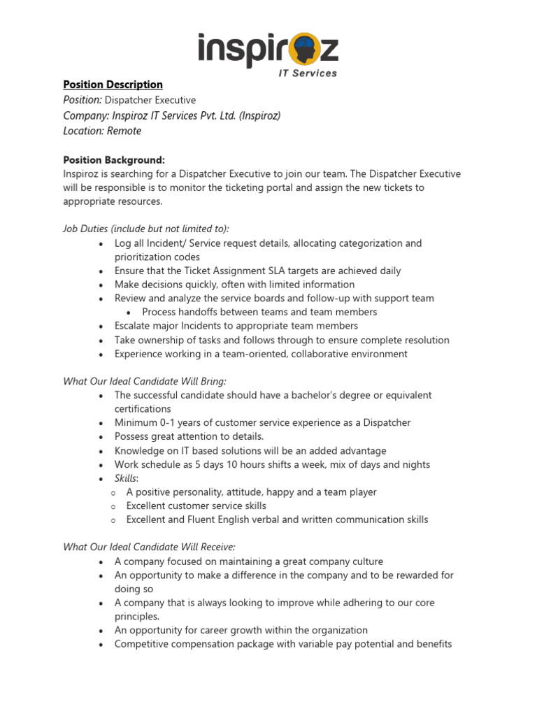 JD - Dispatcher Executive | PDF | Business
