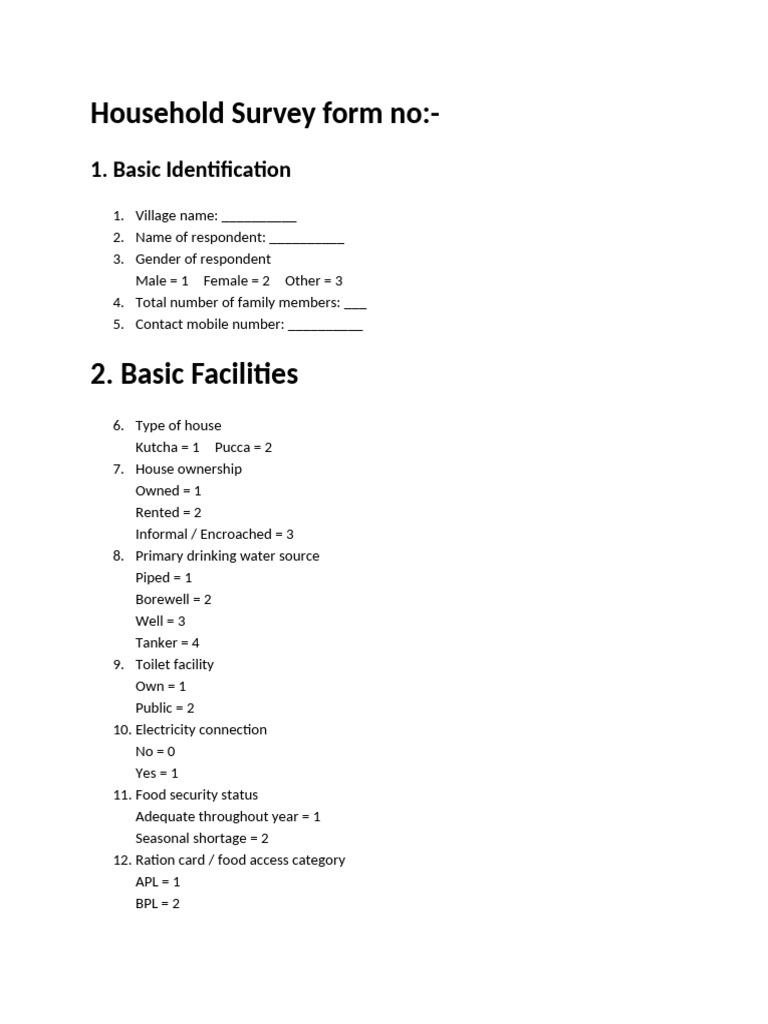 Household Survey Form No | PDF | Economies