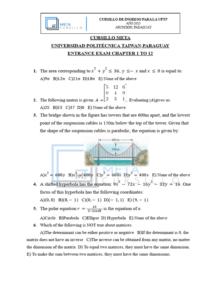 Entrance Exam Chapter 1 To 12 (#1) | PDF | Pi | Matrix (Mathematics)