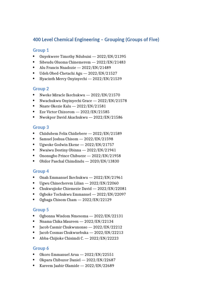 400 Level Grouping With Reg Numbers | PDF