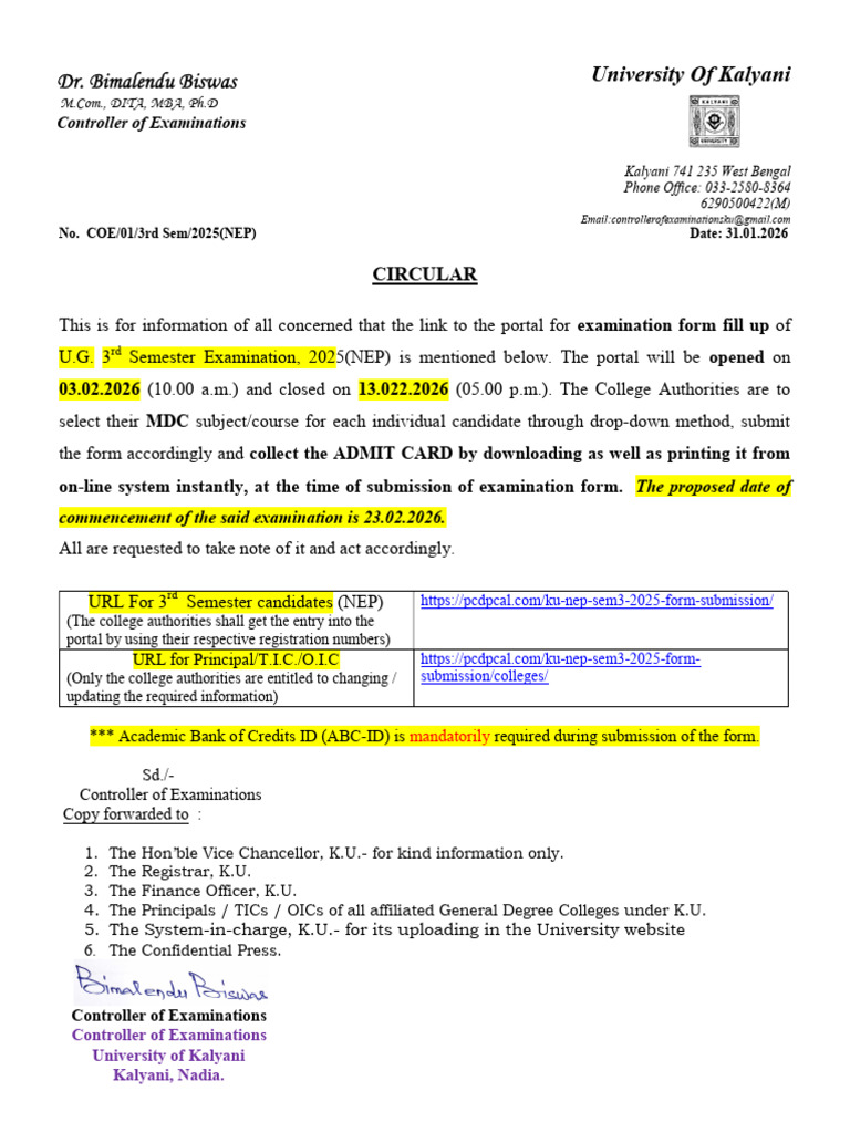 U.G. 3rd Semester (NEP) Exam Form Fill Up Circular,2025 | PDF