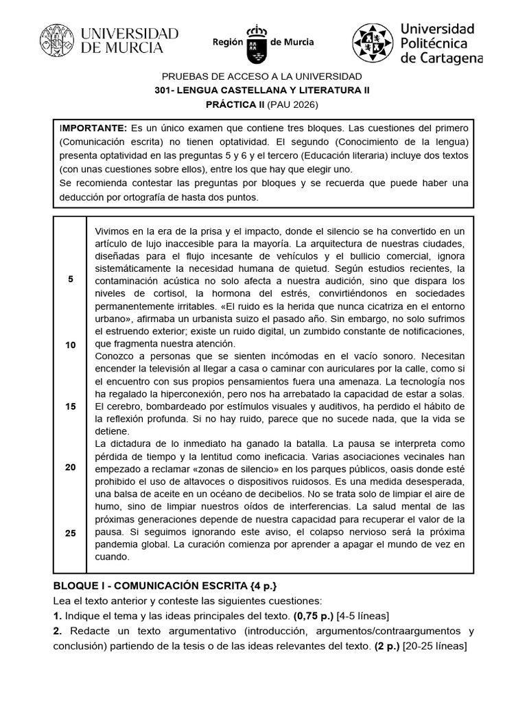 Pruebas de Acceso A La Universidad 301 - Lengua Castellana y Literatura ...