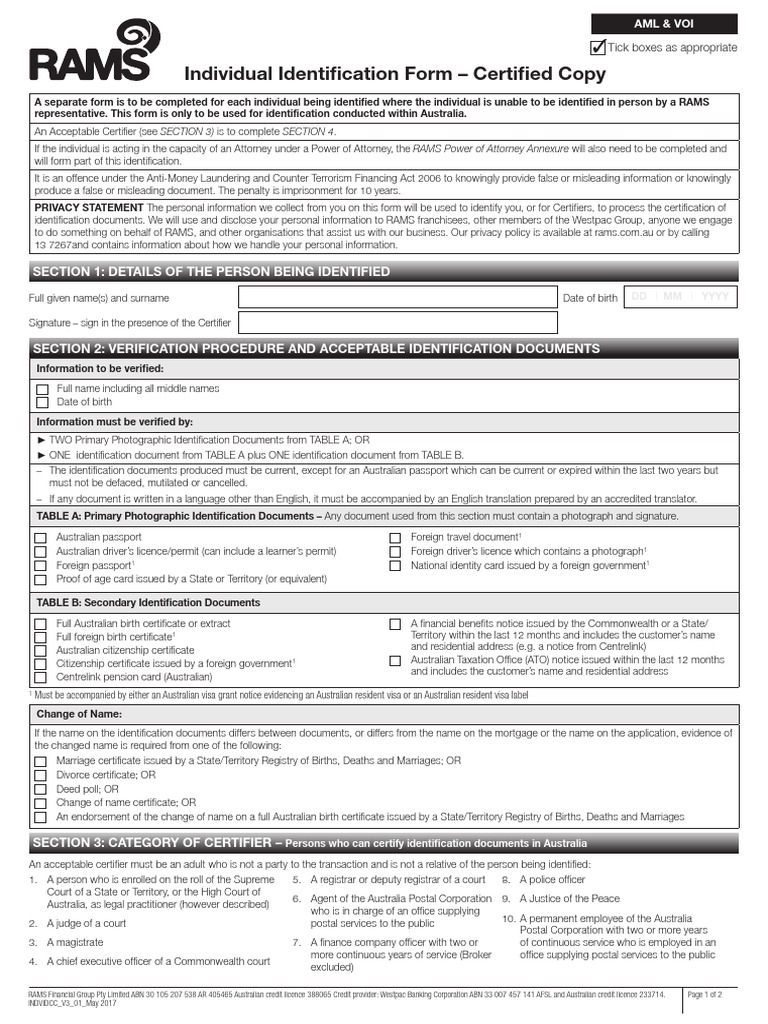 Individual Identification Form - Certified Copy | PDF | Identity ...