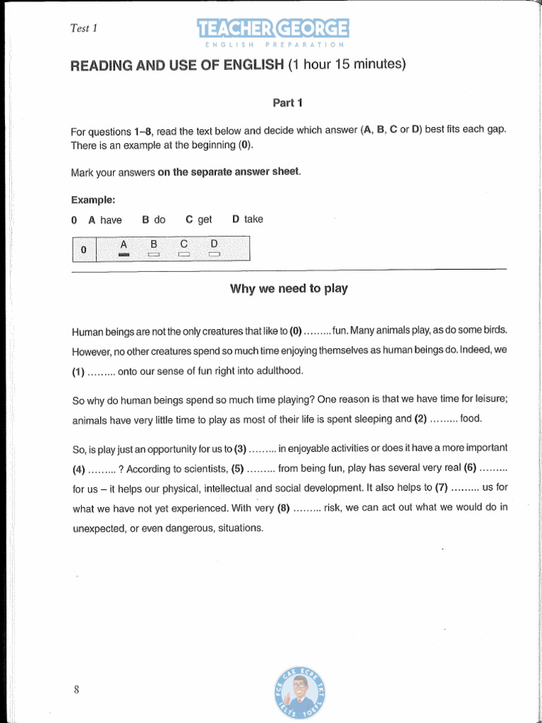 Reading and Use of English Test 1 Week 1 | PDF