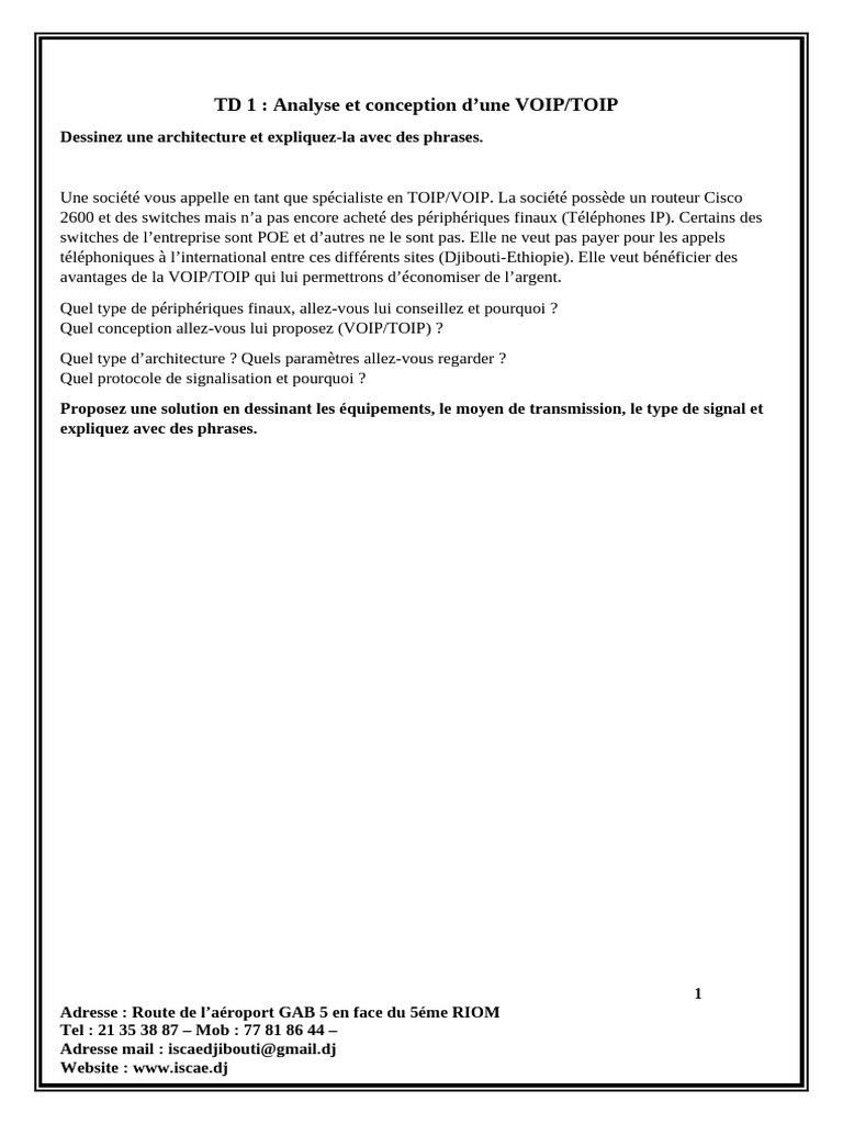 TD1 Analyse Et Conception D'une Architecture VOIPTOIP | PDF