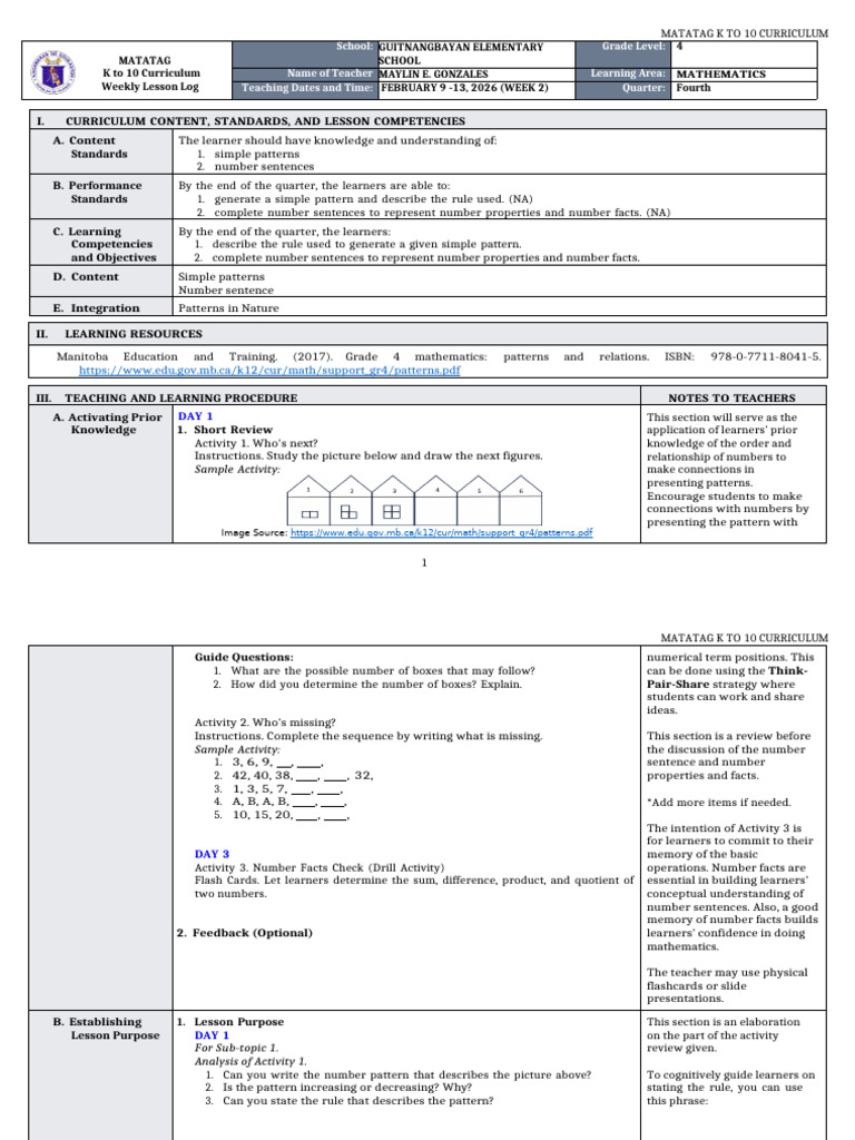 DLL Matatag - Math 4 q4 w2 | PDF | Curriculum | Learning