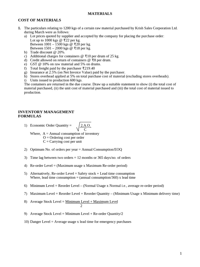Materials Problem Sheet | PDF | Inventory | Business