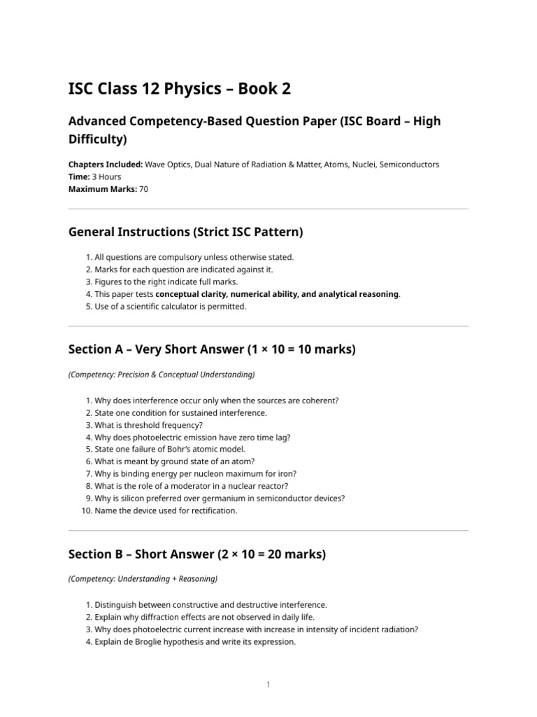 Isc Class 12 Physics - Book 2 Competency-Based Question Paper | PDF ...