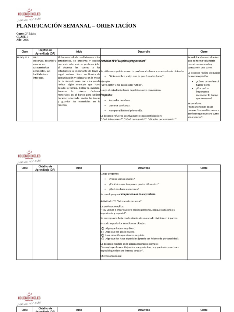 Planificación Primer Día de Clase 2° Básico | PDF | Maestros