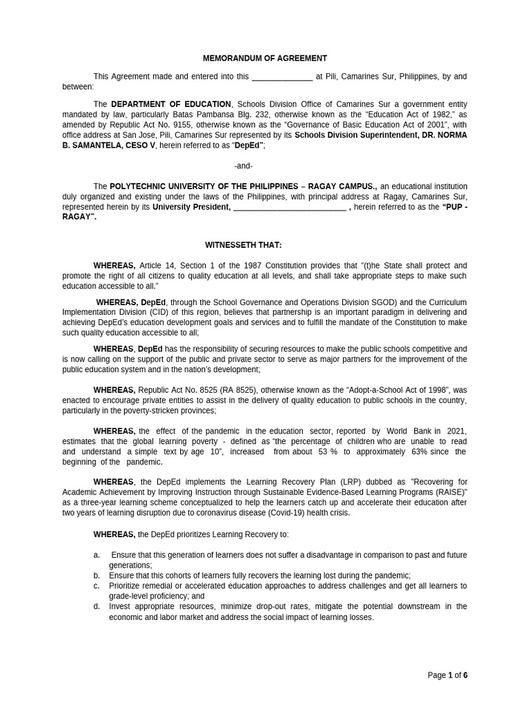 Final_Draft-MOA-with-Project-6B-PUP-Ragay | PDF | Learning | Teachers
