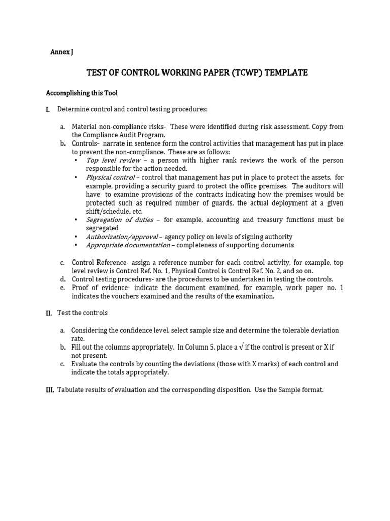Annex J - Test of Control Working Paper Template - Copy | PDF | Audit ...