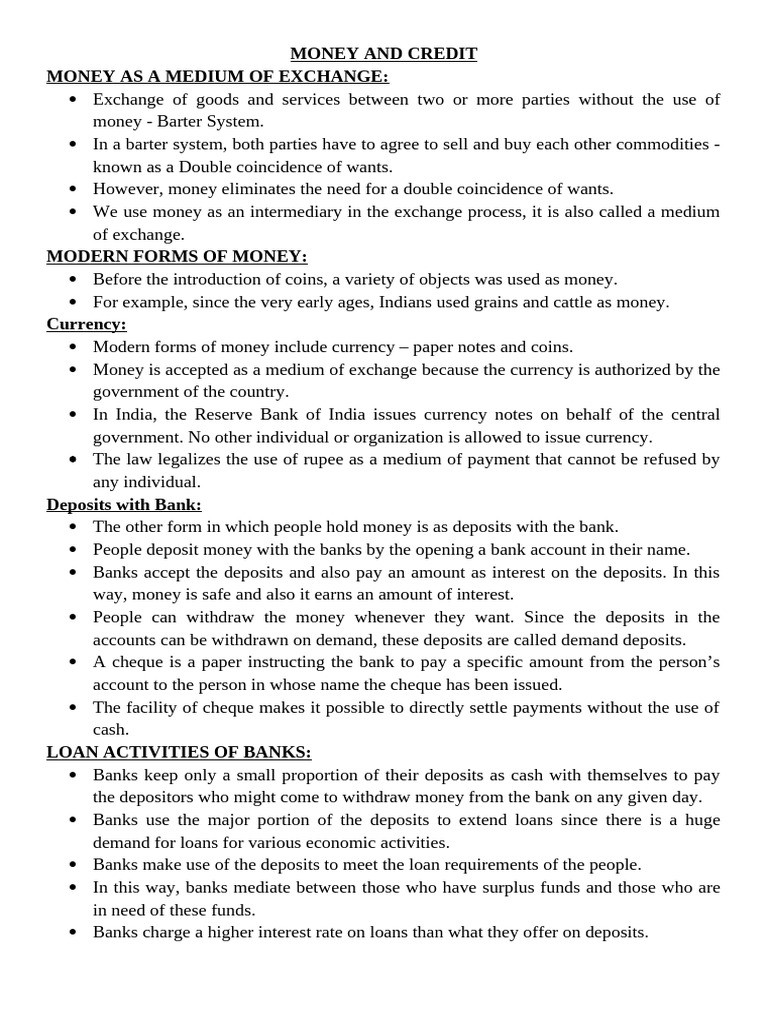 Money & Credit - Notes | PDF | Loans | Money