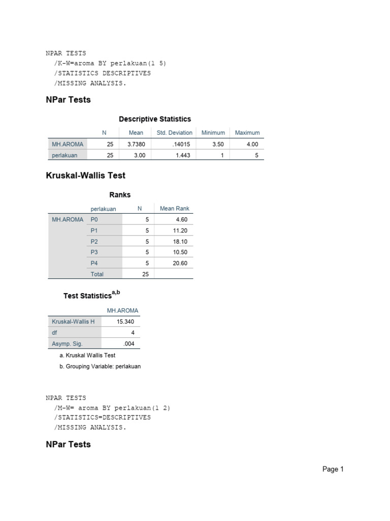 Kw Mutu Aroma | PDF | Mann–Whitney U Test | Statistics