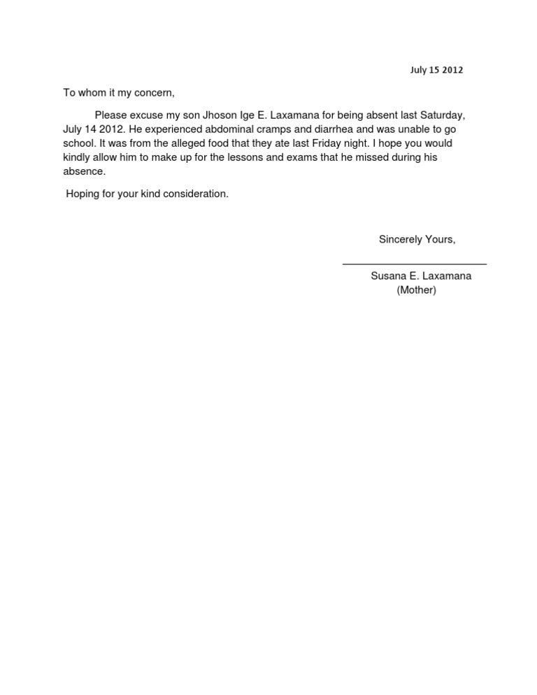 Excuse Letter for Absence Due to Diarrhea | PDF